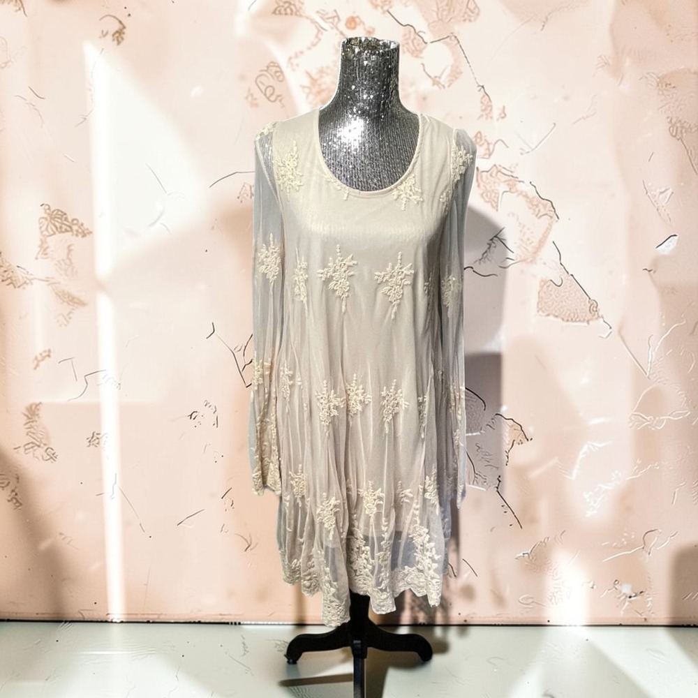 Cream Lace Embroidered Sheer Mesh Tunic Dress Small Boho Fairy Flowy Feminine
